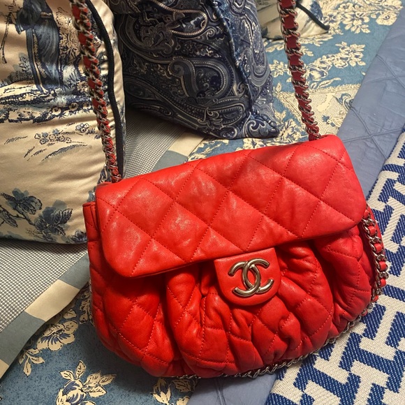 CHANEL Handbags - Red color chains around Medium size,interlocking CC logo silver tone hardware .